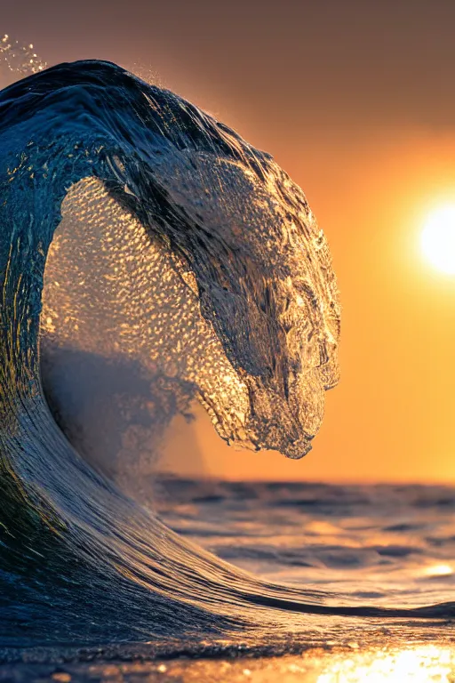 Prompt: Photo Print of a Wave, golden hour, summer, volumetric lighting, award winning, high resolution.