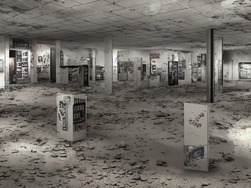 Image similar to Photorealistic Eerie Abandoned Blockbuster Video store with ghostly phantoms, Lomography, ambient occlusion, subsurface scatter, luminosity, trending on Artstation, cinematic lighting