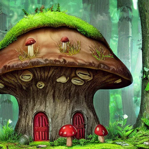 Prompt: a mushroom house in an enchanted forest