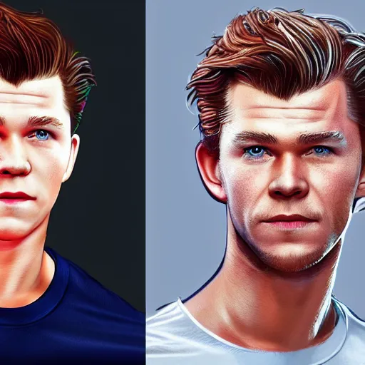 Image similar to Tom Holland and Chris Hemsworth crossbreed, illustrated and rendered by Xie Boli, trending on artstation, 4k, 8k, photorealistic imagery, photorealistic details, intricate, highly detailed