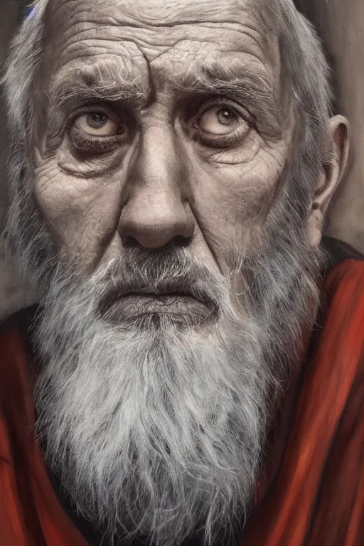 Prompt: a portrait of an old man with a solemn look and deep expression in his eyes, abstract acrylic painting, highly detailed, strong lighting, cinematic, HD, 4K