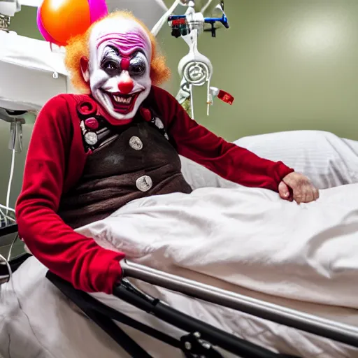 Prompt: insane elderly clown supine in hospital bed, strapped into bed with restraints, trying to get out but unsuccessful, photograph, 8 k