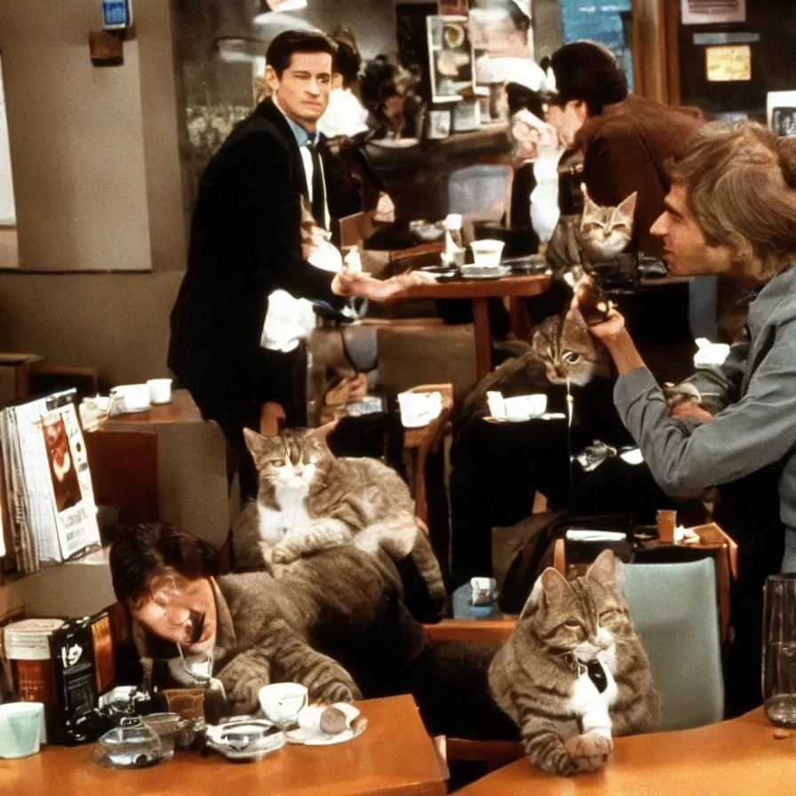 Image similar to special agent dale cooper at a cat cafe, twin peaks, television 1980s