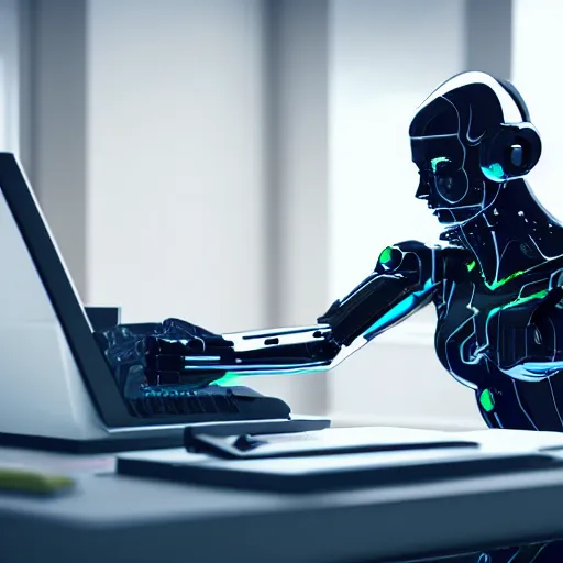 Prompt: a sexy cyborg painting a picture of a website designer sat at a computer desk, 4k, unreal 5