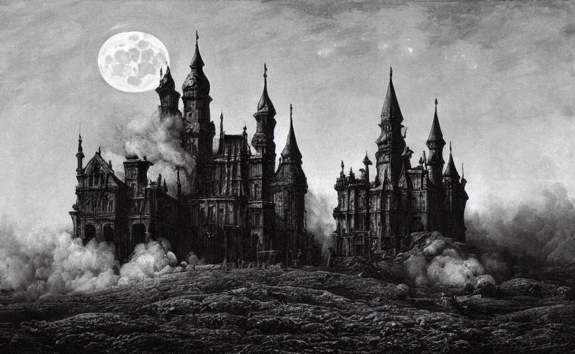 Image similar to a picture in high contrast by vasily vereshchagin of burning!!! gothic! castle in smoke on a hill, full moon in clouds, visual art, 8 k resolution, 3 d modelling, hard lighting