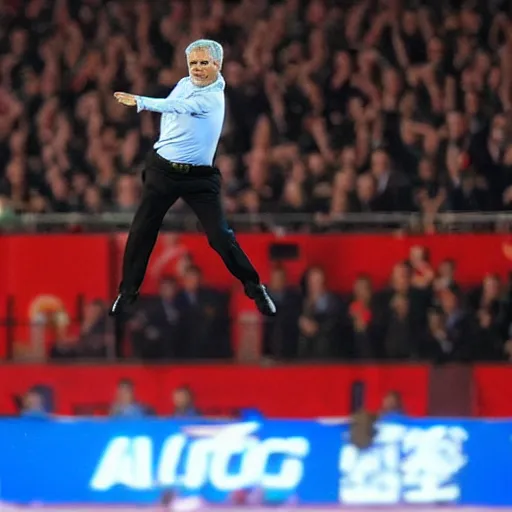 Image similar to jose mourinho flying like superman throwing lasers, award winning photograph