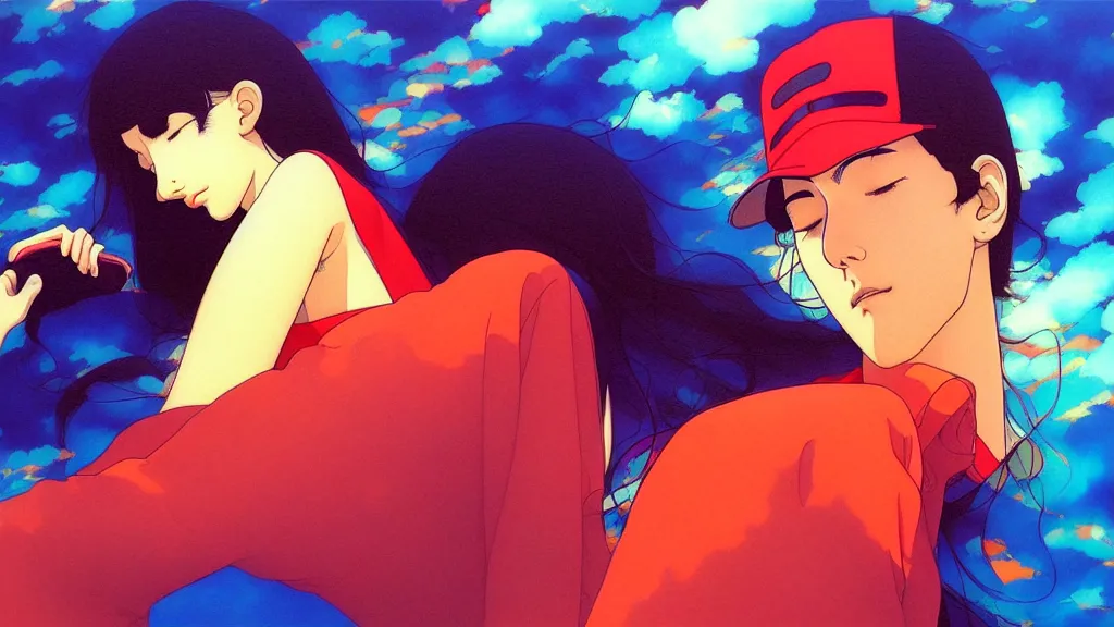 Prompt: chillhop aesthetics beautiful view painting by moebius and satoshi kon and dirk dzimirsky close - up portrait
