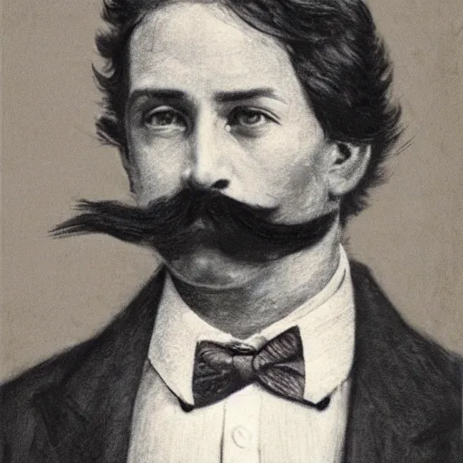 Image similar to action hero, suit, bow tie, mustache by alfred stevens in charcoal