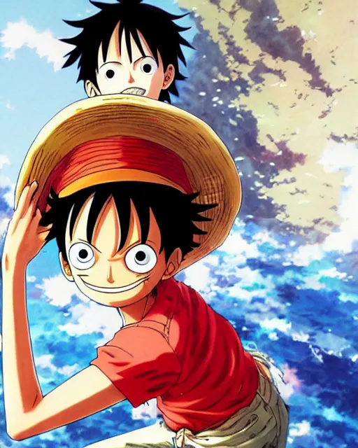 Image similar to luffy, art by makoto shinkai and alan bean, yukito kishiro