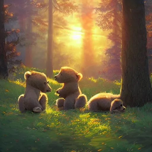 Prompt: a very very beautiful artwork of three bear cubs camping in a tent in the wood, sunset, vivid colors, soft lighting, atmospheric, cinematic, moody, in the style of Ilya Kuvshinov and Range Murata, Krenz Cushart, oil on canvas, anime, 8K