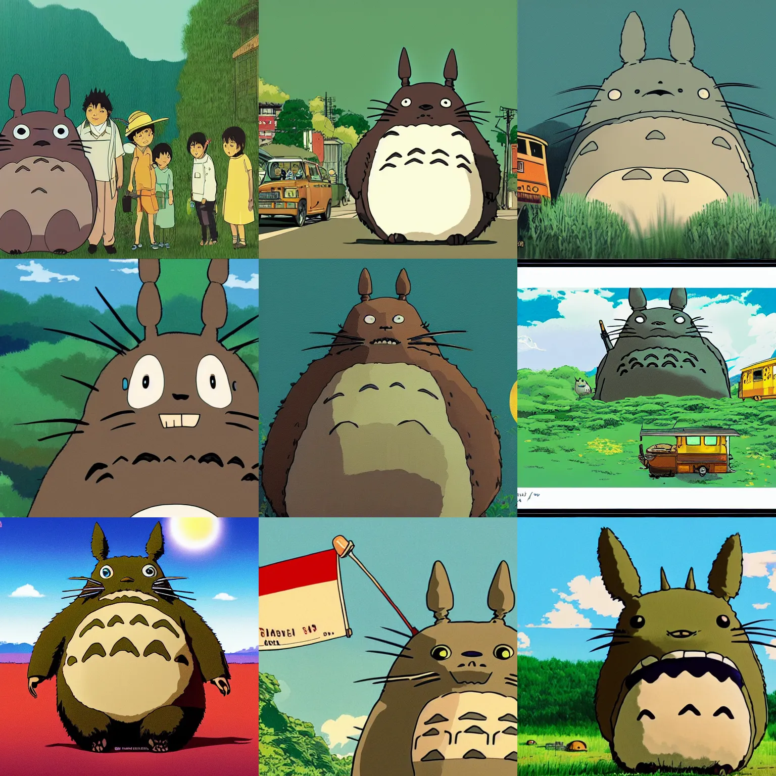 Prompt: extreme wide shot of totoro in The Darjeeling Limited, in the style of studio ghibli & wes anderson collaboration, digital painting, high detail