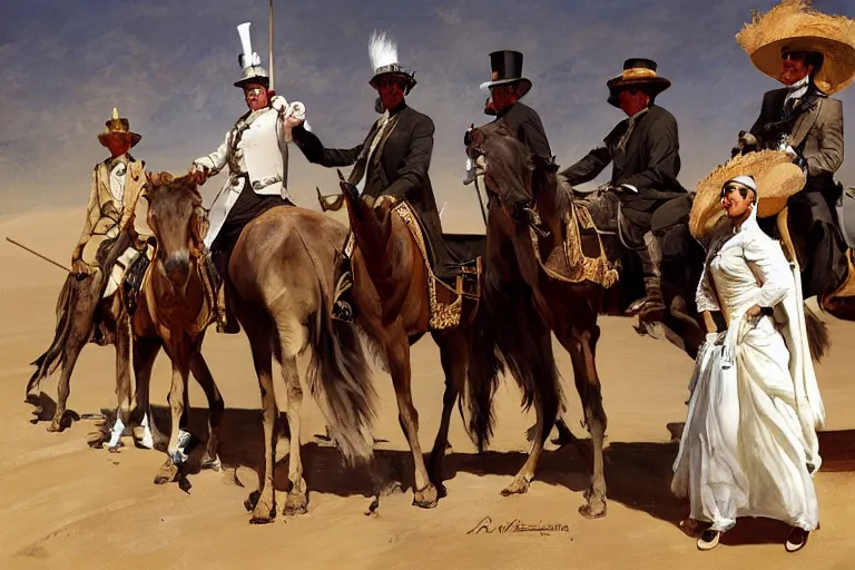 Prompt: portrait of a respectable dignified royal business elite politicians in top hats and coat tails riding on peacocks in the sahara desert throwing vanilla icecream cones at each other, art by anders zorn, wonderful masterpiece by greg rutkowski, beautiful cinematic light, american romanticism by greg manchess, jessica rossier