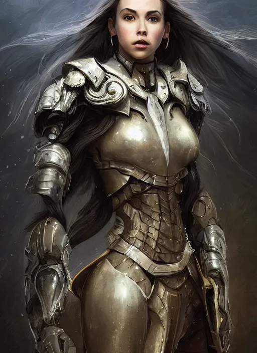 Image similar to a professional portrait of a beautiful young female, clothed in ethereal battle armor, olive skin, long dark hair, beautiful bone structure, symmetrical facial features, intricate, elegant, digital painting, concept art, smooth, sharp focus, finely detailed, illustration, from Valerian and the City of a Thousand Planets, in the style of Ruan Jia and Mandy Jurgens and Artgerm and Greg Rutkowski and William-Adolphe Bouguerea