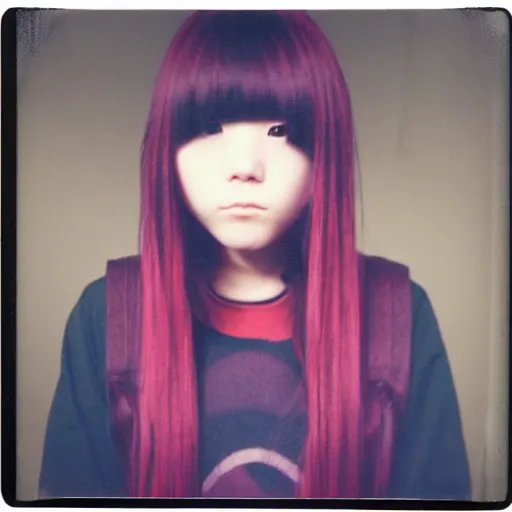 Image similar to aesthetic upper body polaroid photograph of emo japanese girl, long hair and fringe