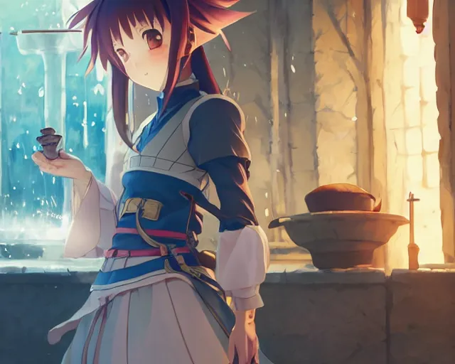 Image similar to anime visual, portrait of a young female knight in a alchemist's shop interior buying potions, cute face by yoh yoshinari, katsura masakazu, cinematic luts, cold studio lighting, dynamic pose, dynamic perspective, strong silhouette, anime cels, ilya kuvshinov, cel shaded, crisp and sharp, rounded eyes