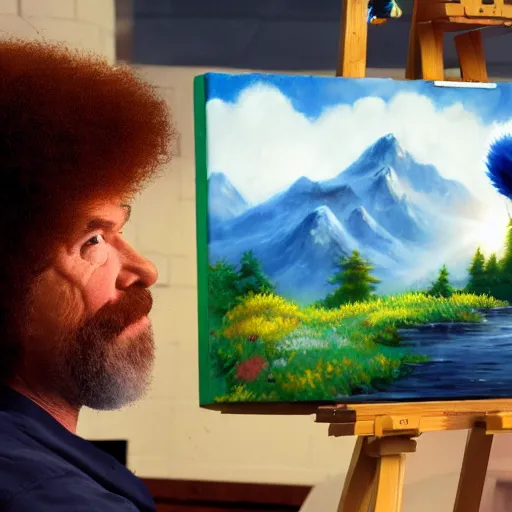 Image similar to a closeup photorealistic photograph of bob ross working on a canvas painting sonic the hedgehog. film still. brightly lit scene. mountain scape. this 4 k hd image is trending on artstation, featured on behance, well - rendered, extra crisp, features intricate detail, epic composition and the style of unreal engine.