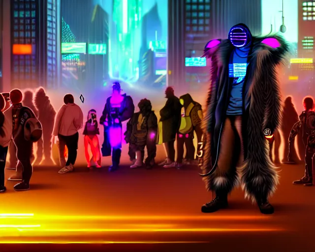 Image similar to high - resolution photograph from a cyberpunk era furry fandom convention ( midwest furfest 2 0 4 7 ), taking place after the genetic revolution and quantum singularity. photorealistic.