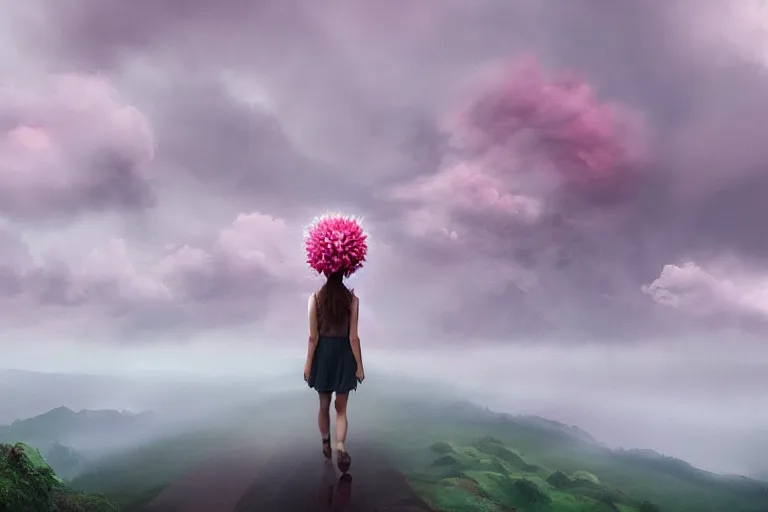 Image similar to giant dahlia flower crown under head, girl walking on mountain, surreal photography, pink and grey storm clouds, dramatic light, impressionist painting, digital painting, artstation, simon stalenhag