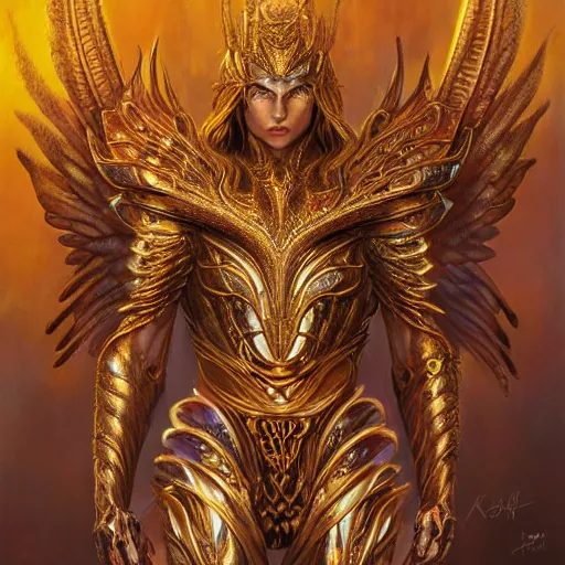 Image similar to a beautiful symmetrical muscular full body wearing a dragon armor with wings made of golden ornaments and gems, by alex gray and android jones , Karol Bak, Ayami Kojima, Amano , concept art, character design, fantasy,3D, 8k resolution