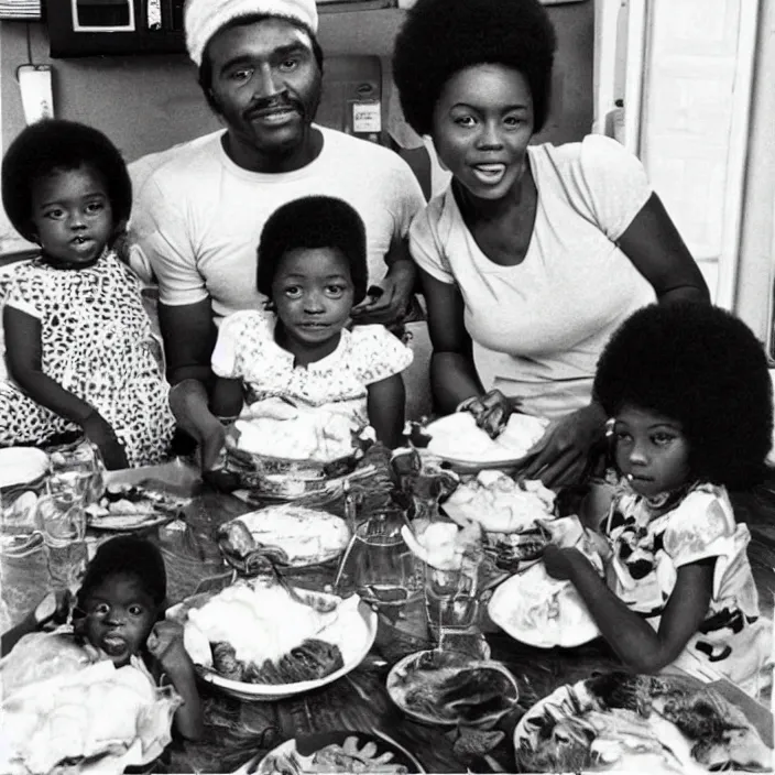 Prompt: vintage realistic photo of an African American family in 1979 with two daughters and a son eating chicken, mash potatoes, and rolls for dinner. While “good times” plays on the tv in the background