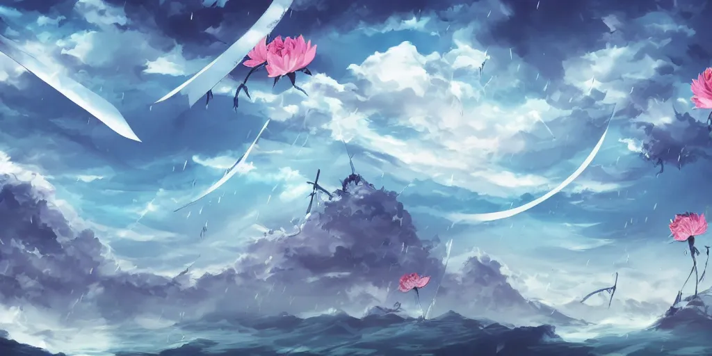 Prompt: background art of flying longswords flowing through the slicing through directional wind on a simple cloudy sky background featuring an enormous tsunami, big puffy clouds, sharp rain, large rose petals, lotus petals, large polygonal background elements, large polygons, dramatic anime, dramatic lighting, artgerm, manga, trending on artstation, art nouveau, mature colors