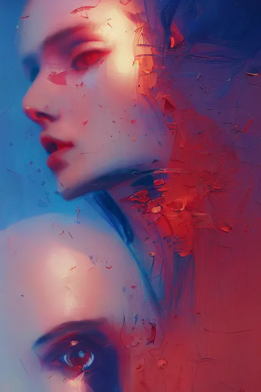 Prompt: 3 d, sci - fi, sunrise, sleepy fashion model face, cinematic, blue faces, vogue cover style, poster art, light red and deep blue mood, realistic painting, intricate oil painting, high detail, figurative art, multiple exposure, poster art, 3 d, by tooth wu and wlop and beeple and greg rutkowski