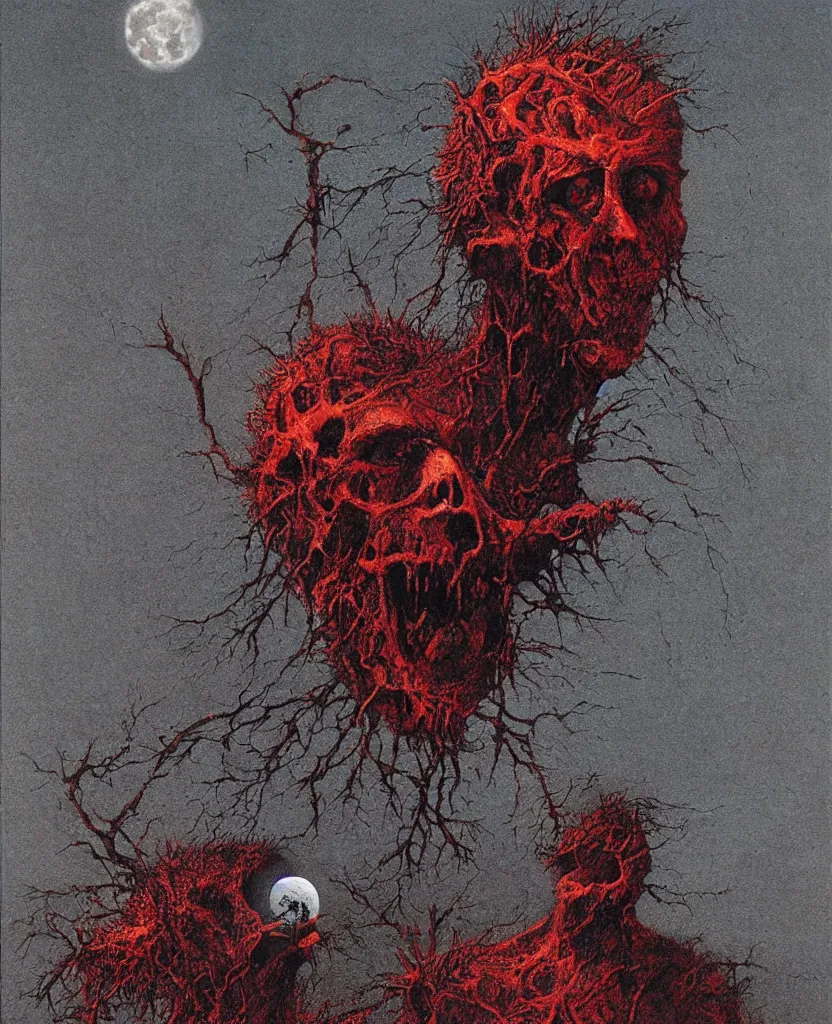 Image similar to moon made from thousands of rotten demonic bloody corpses of Nicolas Cage, body horror, flesh, blood, grotesque hell, highly detailed, red lightning, artstation, art by zdislav beksinski, wayne barlowe, phil hale