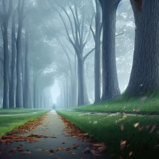 Image similar to The tree-lined avenue Begins to fade from view, Drowning past regrets In tea and cigarettes, artstation, cgsociety