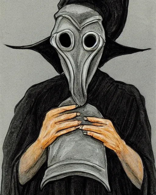 Image similar to a plague doctor holding his mask, mask in hand, black robes, detailed art by greg rukowtski