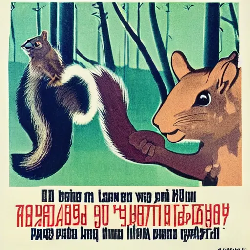 Image similar to a soviet propaganda poster warning people not to befriend squirrels