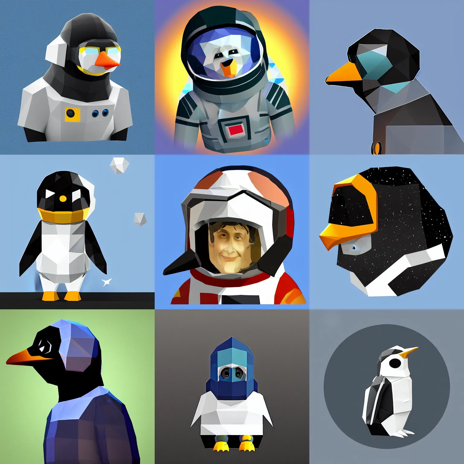 Prompt: An astronaut penguin low poly profile icon