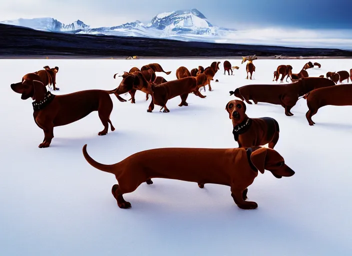 Prompt: Herd of dachshunds migrating in the Tundra, National Geographic photograph, very detailed, 8k