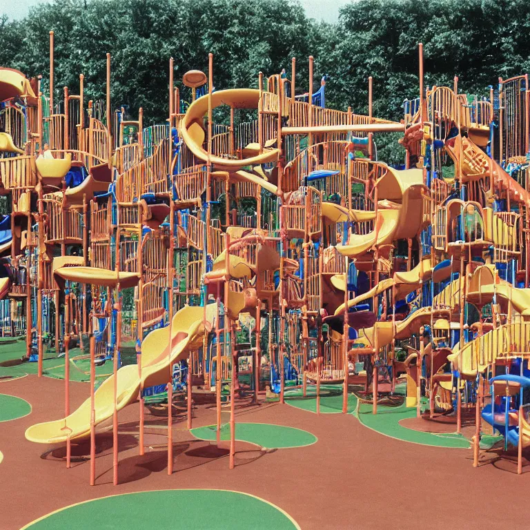 Image similar to full - color closeup 1 9 7 0 s photo of a large complex very - dense very - tall many - level playground in a crowded schoolyard. the playground is made of dark - brown wooden planks, and black rubber tires. it has many wooden spiral staircases, high bridges, ramps, and tall towers.