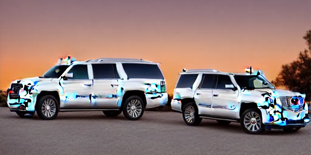 Prompt: A white Cadillac Escalade fused with a white GMC Yukon, car photography, sunset