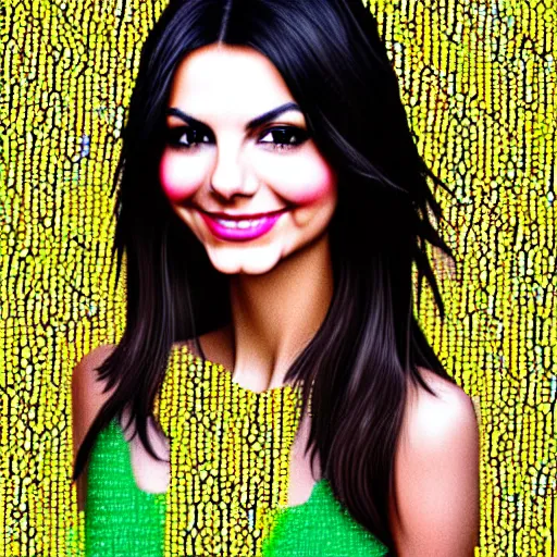 Image similar to one face shot of victoria justice made out of jalapenos by 5 randomly selected famous illustrators. vastly enriched image quality. lucidly vivid. iridescentally detailed. extremely elegant and beautiful.