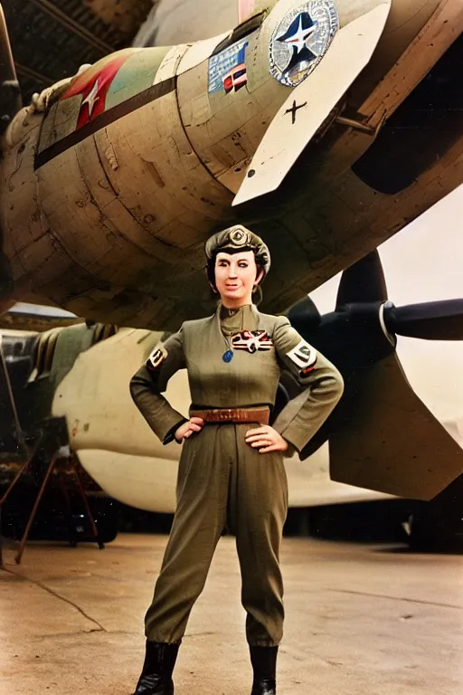 Image similar to 5 0 mm f 8 full body wide shot portrait colorized photography of a wwii bomber pilot who's a mix of cleopatra and mata hari with grey eyes and rainbow ponytail hair, expression concentrated, setting is in a starship hangar bay, by omar z. robles