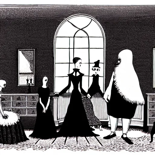 Prompt: Edward Gorey illustration of a victorian living room with costumed people dancing