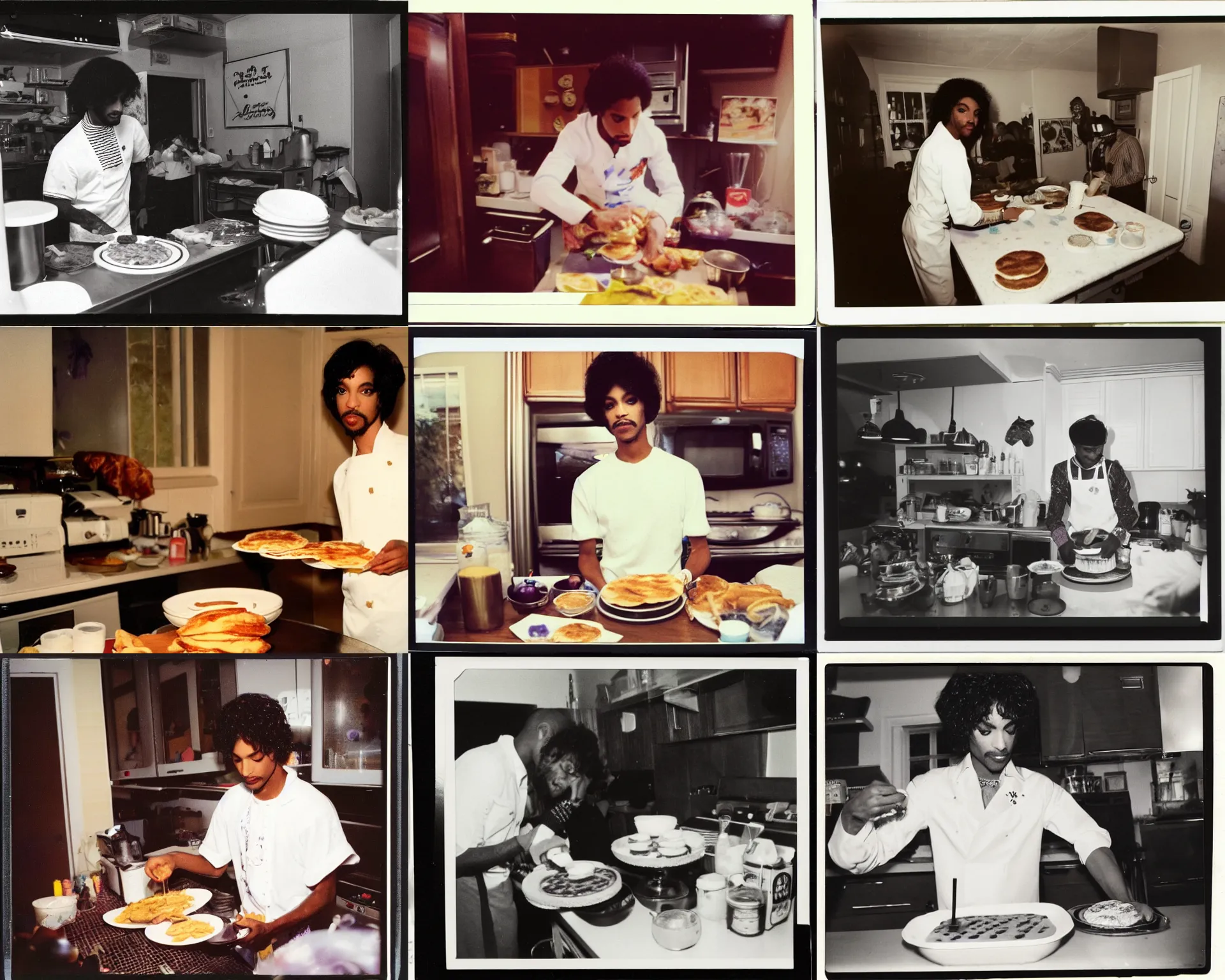 Prompt: close up of prince rogers nelson serving pancakes in his kitchen, polaroid