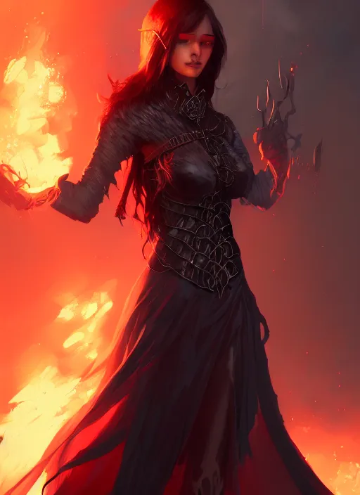 Image similar to character concept art of a dark fantasy female fire witch, key visual, realistic shaded perfect face, fine details, dystopian environment and background, by stanley artgerm lau, wlop, rossdraws, james jean, andrei riabovitchev, marc simonetti, and sakimichan, trending on artstation