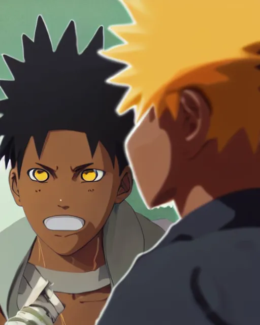 Image similar to 2 0 year old black man with short hair in naruto as a hidden leaf village ninja, smoking a joint, medium shot close up, details, sharp focus, illustration, by jordan grimmer and greg rutkowski, trending artstation, pixiv, digital art