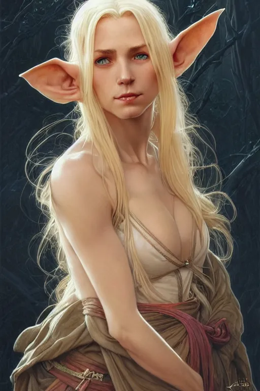 Image similar to portrait of an old blonde elven mage, dark, piercing eyes, gentle expression, elegant clothing, photorealistic, highly detailed, artstation, smooth, sharp focus, art by michael whelan, artgerm, greg rutkowski and alphonse mucha