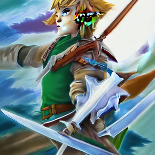 Prompt: Link proudly holding up the master sword, masterpiece, digital art, 8k , very detailed