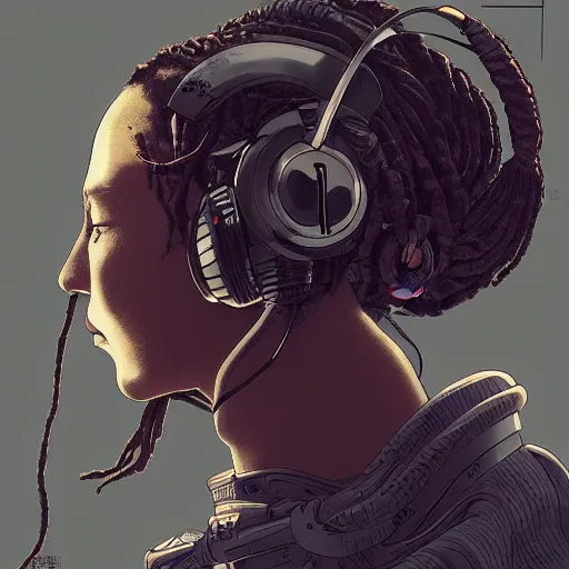 Image similar to a beautiful ukiyo painting of robot with dreadlocks and headphones in profile view, wearing space techwear, detailed symmetrical close up portrait, intricate complexity, by takato yamamoto, wlop, krenz cushart. cinematic dramatic atmosphere, sharp focus