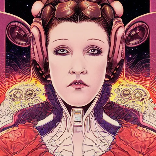 Image similar to portrait closeup of crazy princess leia, symmetrical, by yoichi hatakenaka, masamune shirow, josan gonzales and dan mumford, ayami kojima, takato yamamoto, barclay shaw, karol bak, yukito kishiro