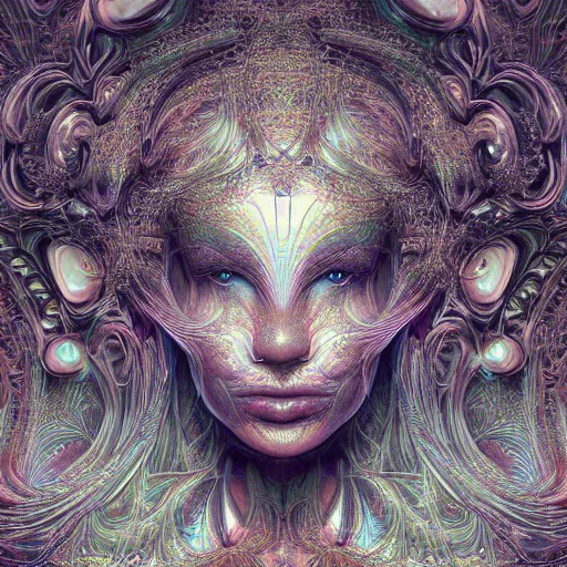 Image similar to beatifull frontal face portrait of a woman, 150mm, chromatic aberration, mandelbrot fractal, symmetric, intricate, elegant, highly detailed, ornate, ornament, sculpture, elegant , luxury, beautifully lit, ray trace, octane render in the style of peter Gric and alex grey