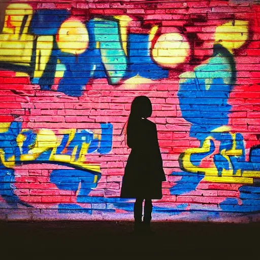 Prompt: a girl holding a balloon at a fairground. buildings with graffiti in the background. silhouette. night. photograph in the style of simon stalenhag