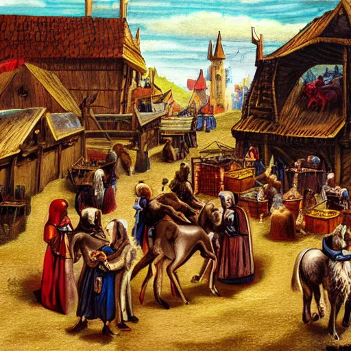 Image similar to a medieval horse market, fantasy art