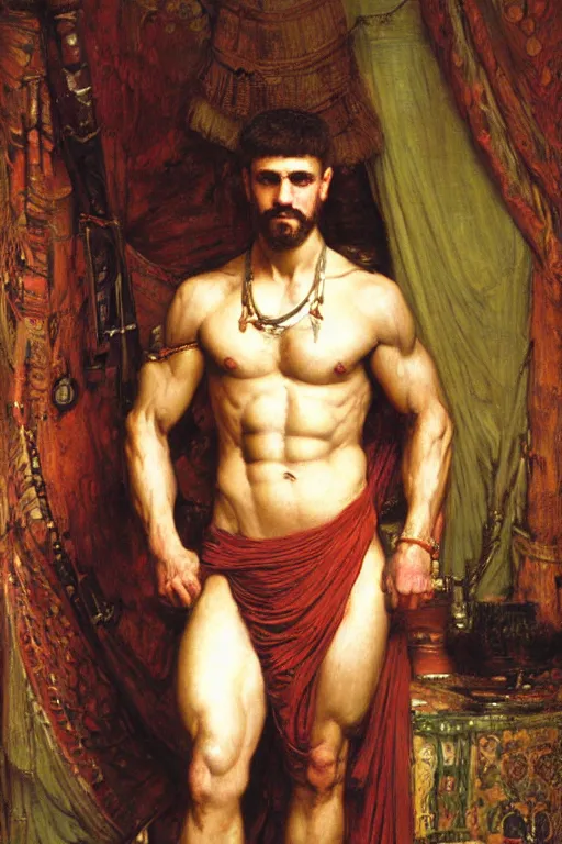 Image similar to muscular botanist man, orientalist intricate portrait by john william waterhouse and edwin longsden long and theodore ralli and nasreddine dinet, hyper realism, dramatic lighting