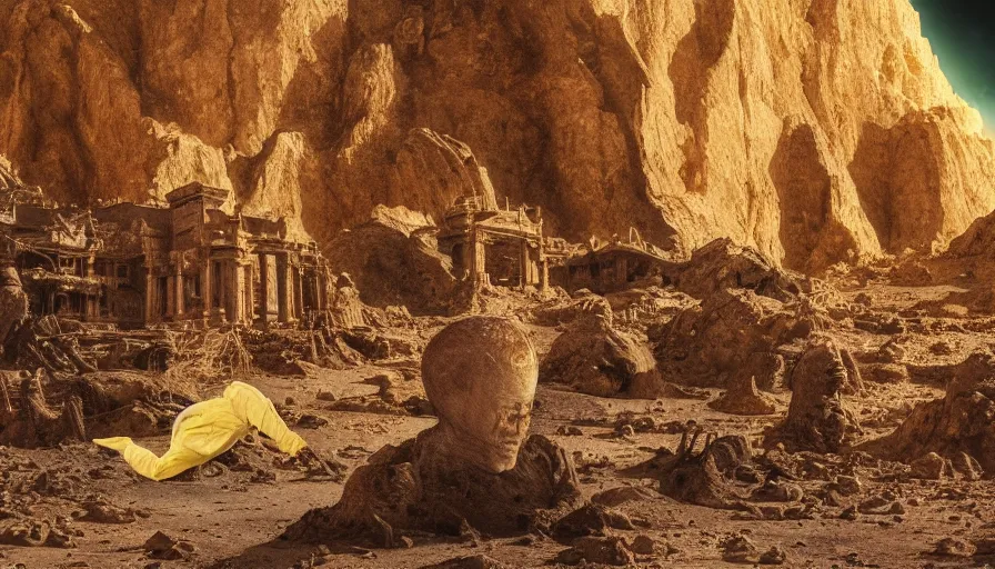 Image similar to levitating bene gesserit with full - face glowing golden mask in a dry rocky desert landscape, ultradetailed alien ruins designed by giger, giant abandoned alien city by alejandro jodorowsky, anamorphic lens, kodakchrome, practical effects, masterpiece, 8 k