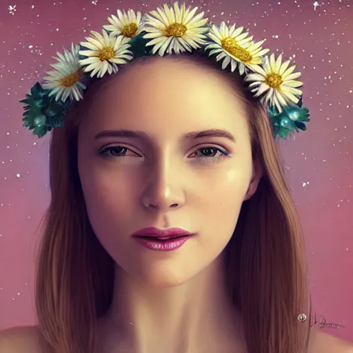 Image similar to close-up of a smiling beautiful female, blonde,, wearing a crown of daisies, beautiful happy face, ethereal, starry, space, magical atmosphere, maximalist, cinematic lighting, cinematic atmosphere, trending on artstation, cgsociety, 8k, high resolution, in the style of Faiza Maghni, David Ligare, Flora Borsi, Daniel Gerhartz,